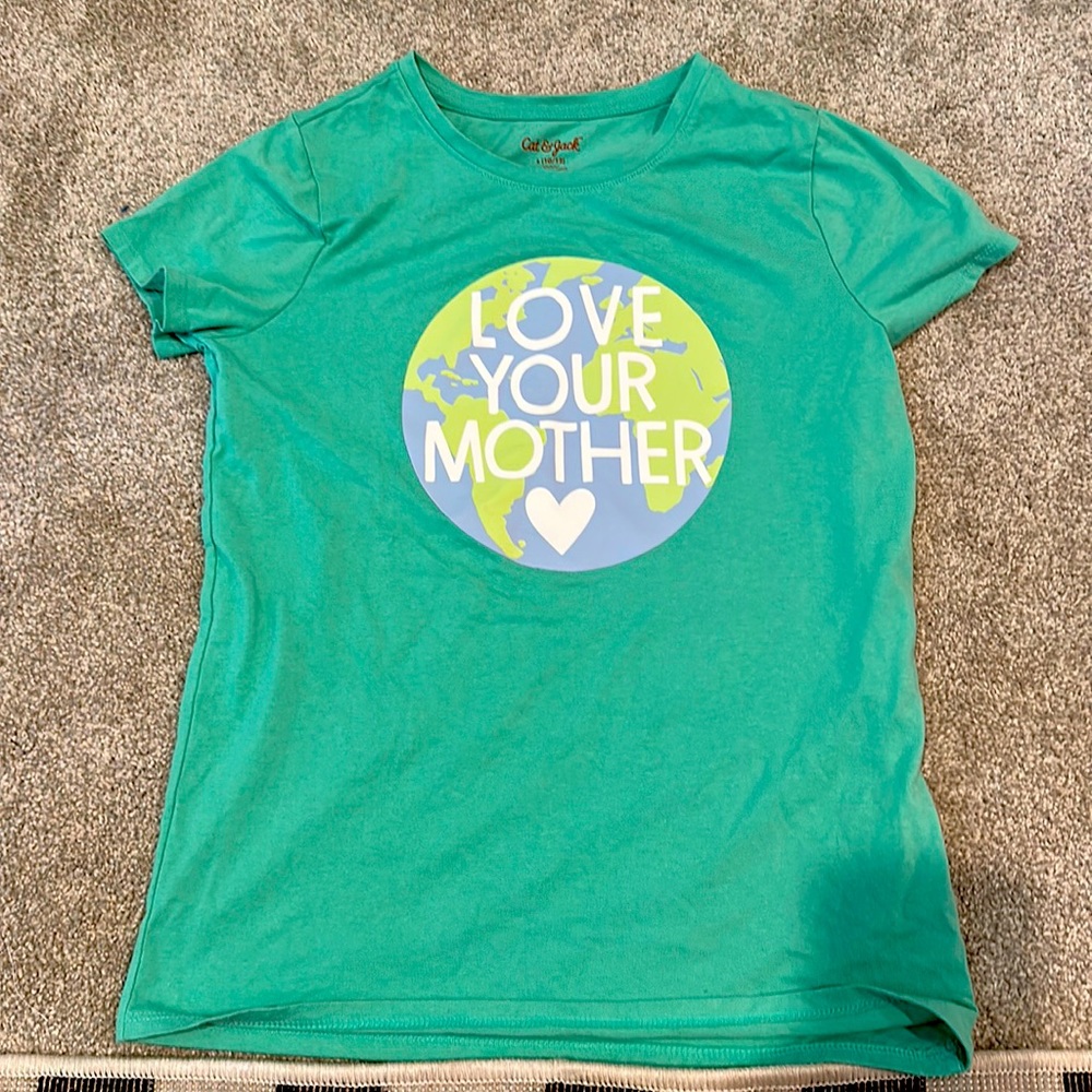 Cat and jack Earth Day love your mother, green cotton shirt, large